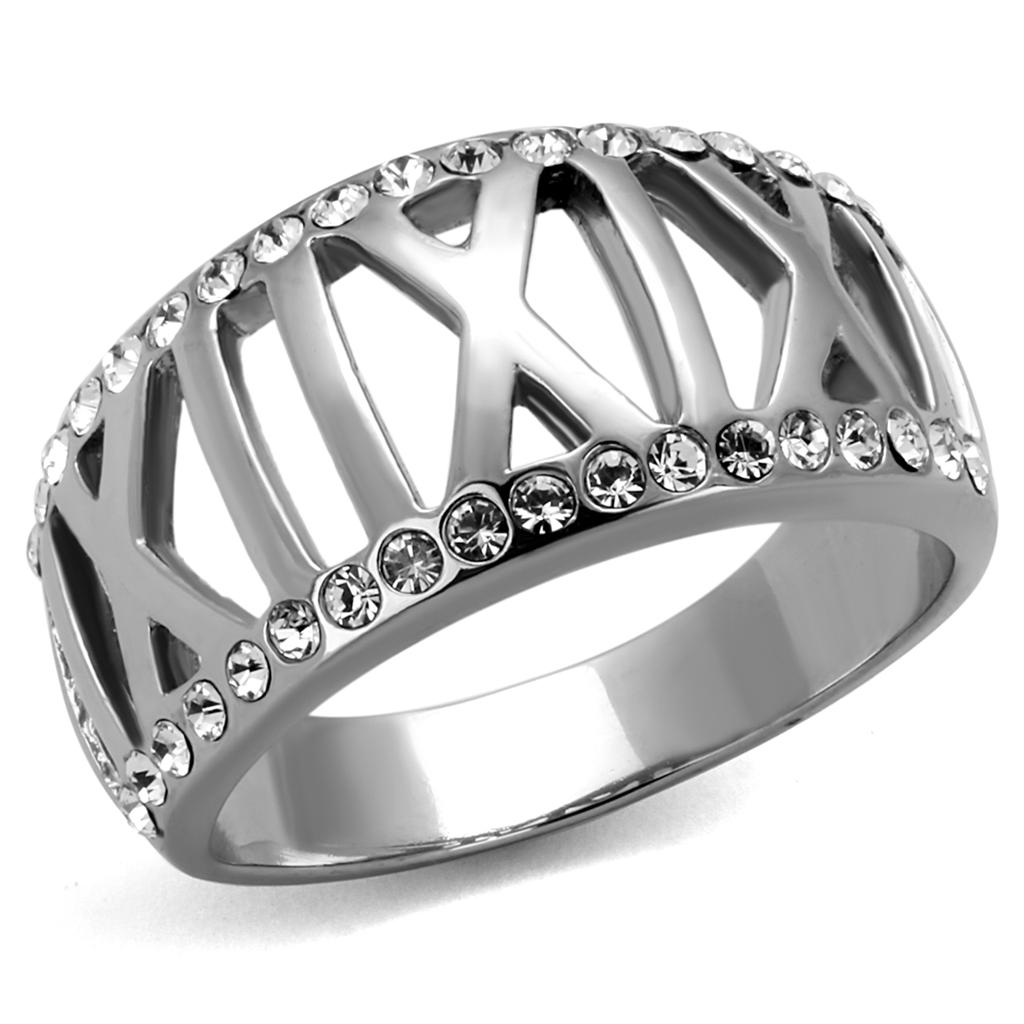 High polished stainless steel ring featuring a clear top-grade crystal, showcasing a sleek and modern design.