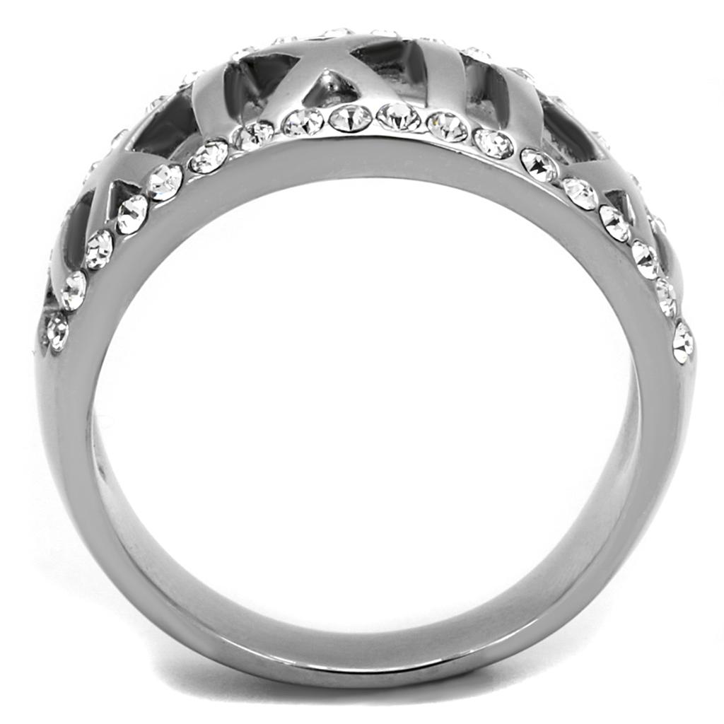 High polished stainless steel ring featuring a clear top-grade crystal, showcasing a sleek and modern design.