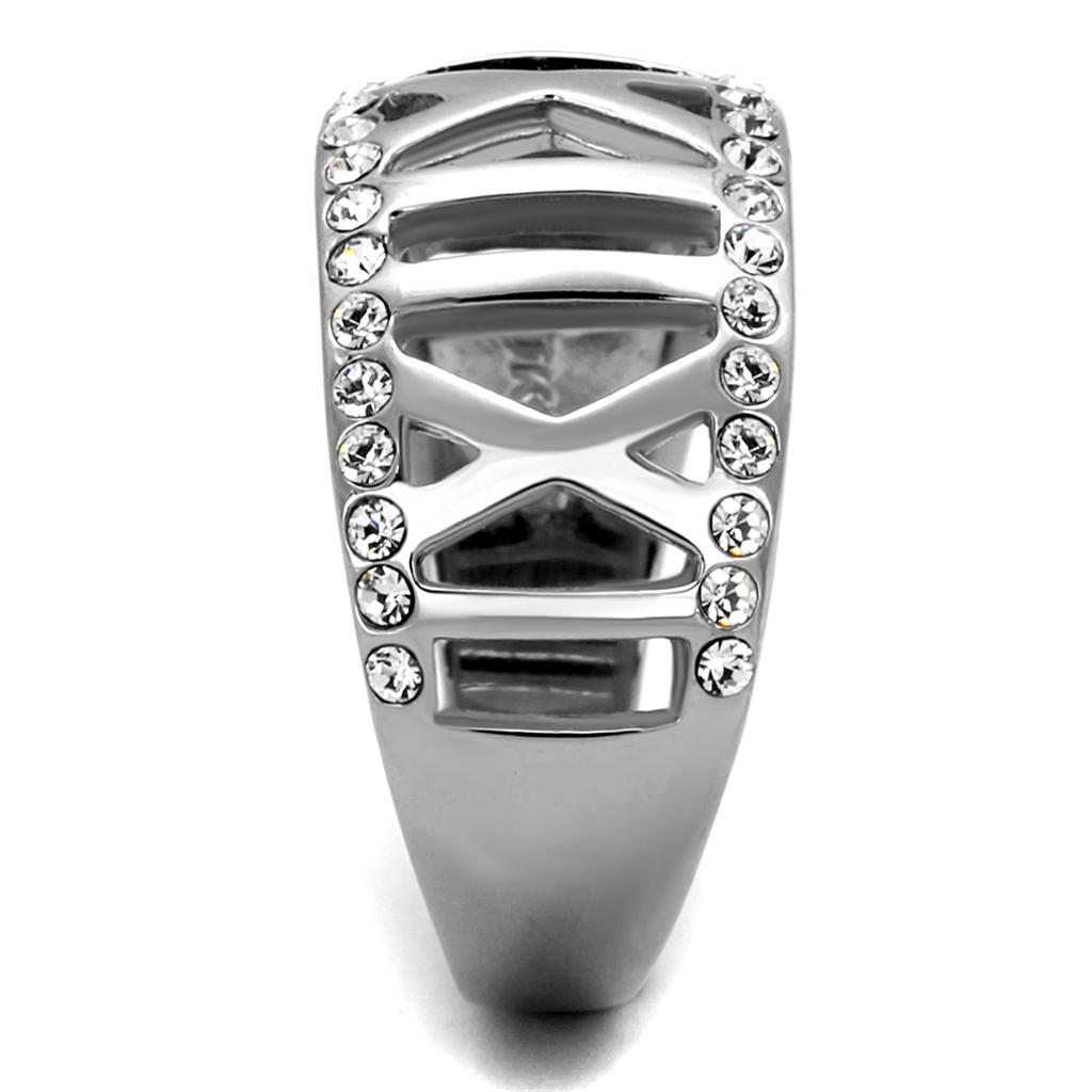 High polished stainless steel ring featuring a clear top-grade crystal, showcasing a sleek and modern design.