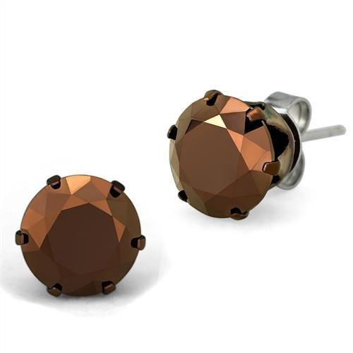 TK2589 Two Tone IP Light Brown Stainless Steel Earrings featuring AAA Grade CZ center stone in light coffee color.