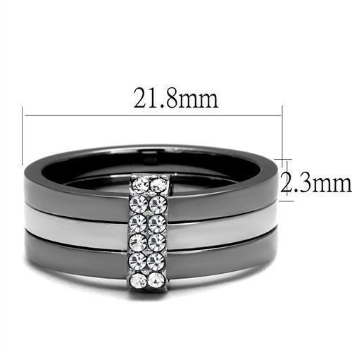 TK2599 Two Tone IP Light Black Stainless Steel Ring with clear top-grade crystal centerpiece, showcasing a modern and elegant design.