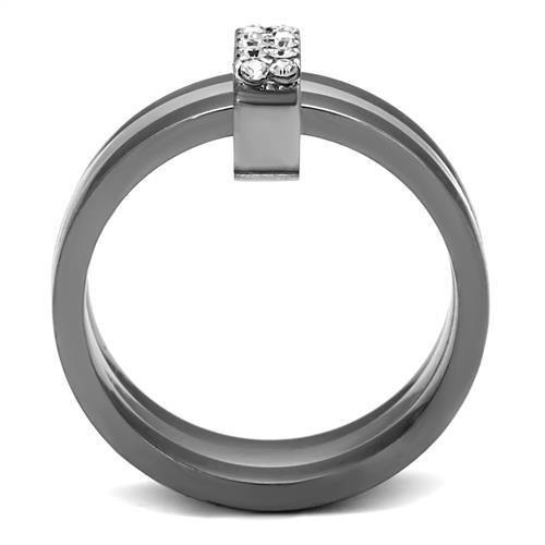 TK2599 Two Tone IP Light Black Stainless Steel Ring with clear top-grade crystal centerpiece, showcasing a modern and elegant design.