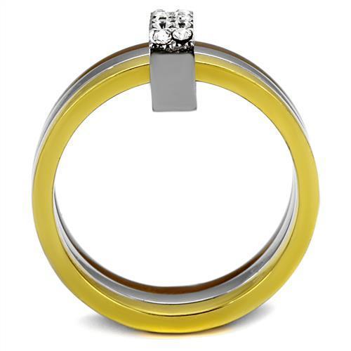 TK2600 Three Tone Ring featuring IP Gold, Light Coffee, and High Polished finishes with a clear top-grade crystal center stone.