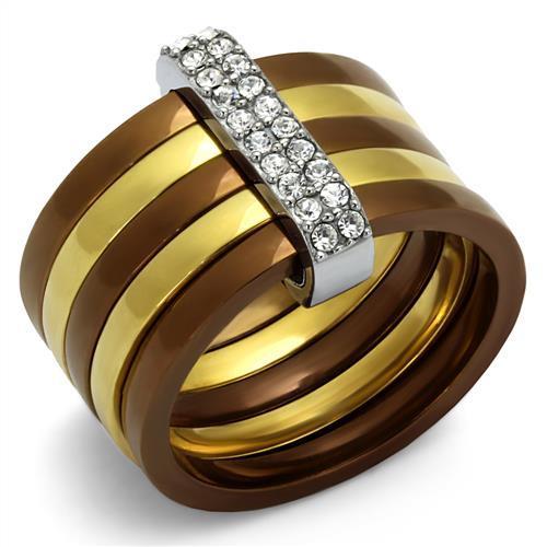 TK2601 Three Tone Ring featuring IP Gold, IP Light Coffee, and High Polished finishes with a clear top-grade crystal.