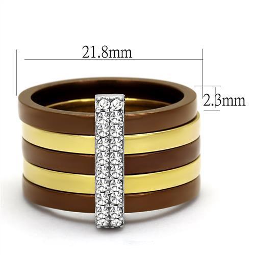 TK2601 Three Tone Ring featuring IP Gold, IP Light Coffee, and High Polished finishes with a clear top-grade crystal.