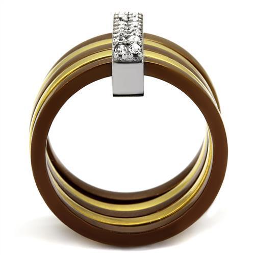 TK2601 Three Tone Ring featuring IP Gold, IP Light Coffee, and High Polished finishes with a clear top-grade crystal.