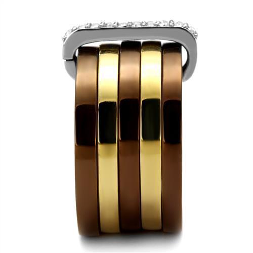 TK2601 Three Tone Ring featuring IP Gold, IP Light Coffee, and High Polished finishes with a clear top-grade crystal.