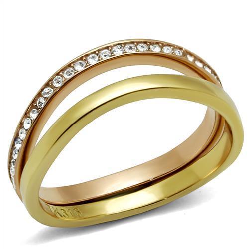 TK2613 IP Gold and Rose Gold Stainless Steel Ring featuring a clear top-grade crystal, showcasing a luxurious and elegant design.