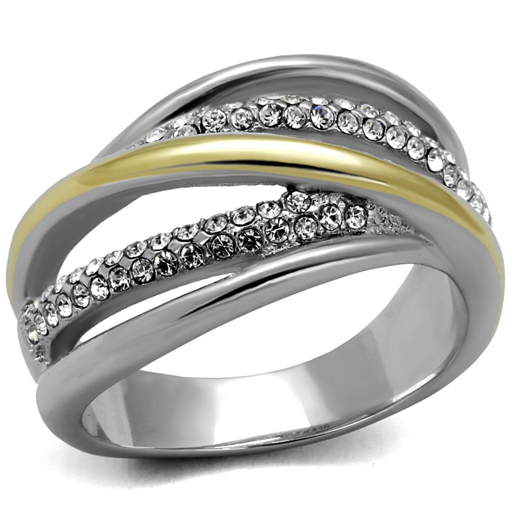 TK2263 Two-Tone IP Gold Stainless Steel Ring featuring a clear top-grade crystal centerpiece, showcasing a modern and elegant design.