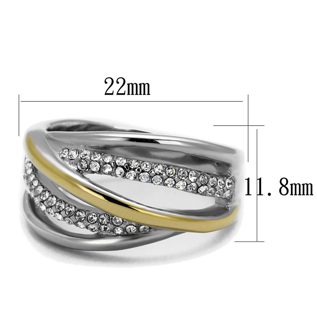 TK2263 Two-Tone IP Gold Stainless Steel Ring featuring a clear top-grade crystal centerpiece, showcasing a modern and elegant design.