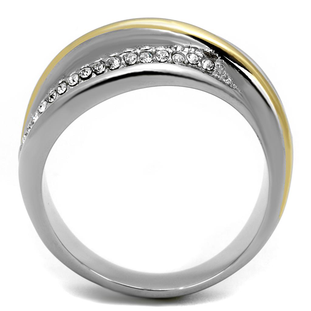 TK2263 Two-Tone IP Gold Stainless Steel Ring featuring a clear top-grade crystal centerpiece, showcasing a modern and elegant design.