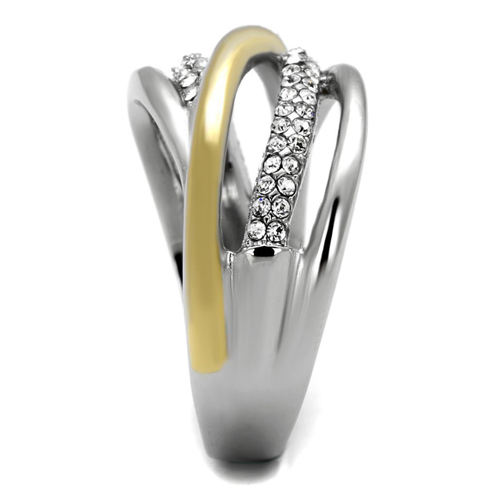 TK2263 Two-Tone IP Gold Stainless Steel Ring featuring a clear top-grade crystal centerpiece, showcasing a modern and elegant design.