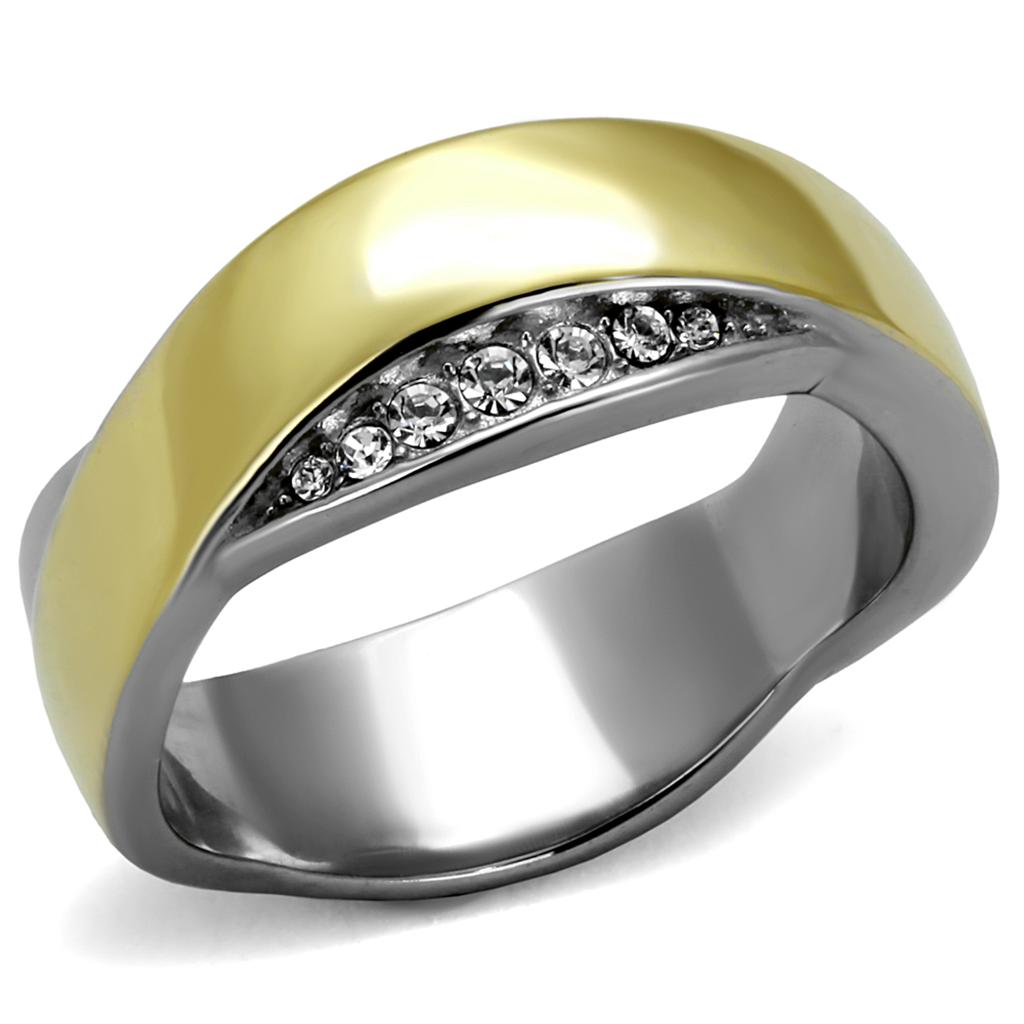 TK2264 Two-Tone IP Gold Stainless Steel Ring featuring a clear top-grade crystal center stone, showcasing a modern and elegant design.