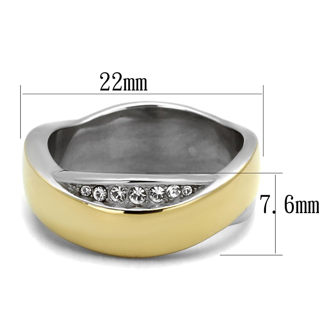 TK2264 Two-Tone IP Gold Stainless Steel Ring featuring a clear top-grade crystal center stone, showcasing a modern and elegant design.