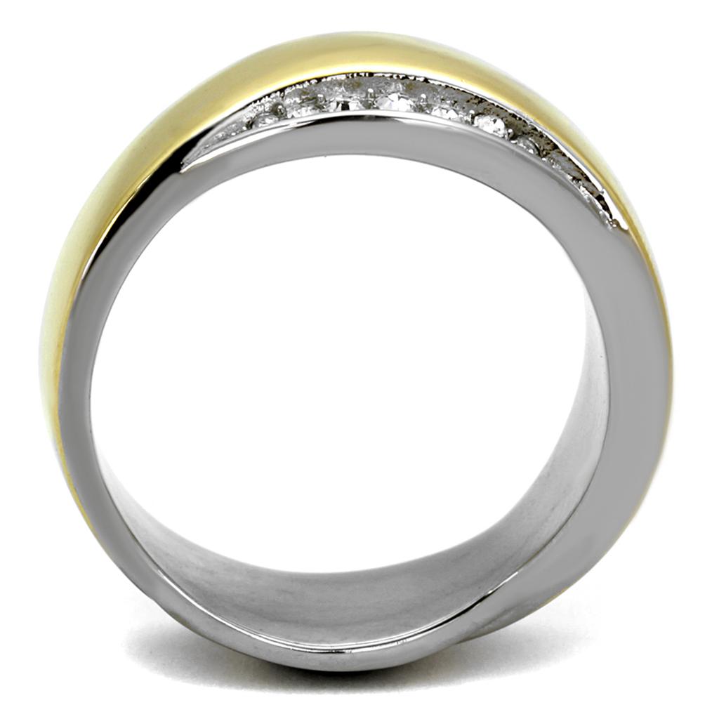 TK2264 Two-Tone IP Gold Stainless Steel Ring featuring a clear top-grade crystal center stone, showcasing a modern and elegant design.