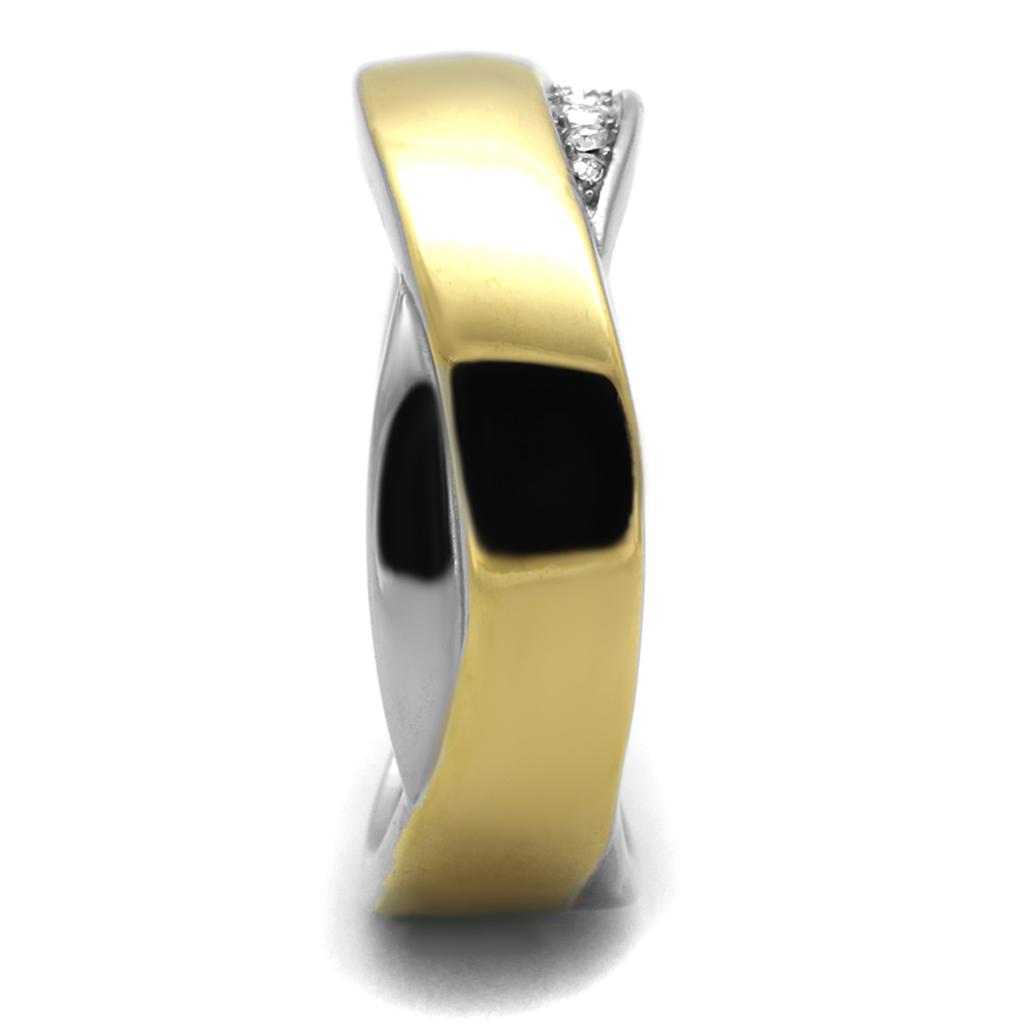 TK2264 Two-Tone IP Gold Stainless Steel Ring featuring a clear top-grade crystal center stone, showcasing a modern and elegant design.