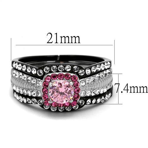 TK2651 Two-Tone IP Black Stainless Steel Ring featuring a light rose AAA grade cubic zirconia center stone, showcasing modern elegance.