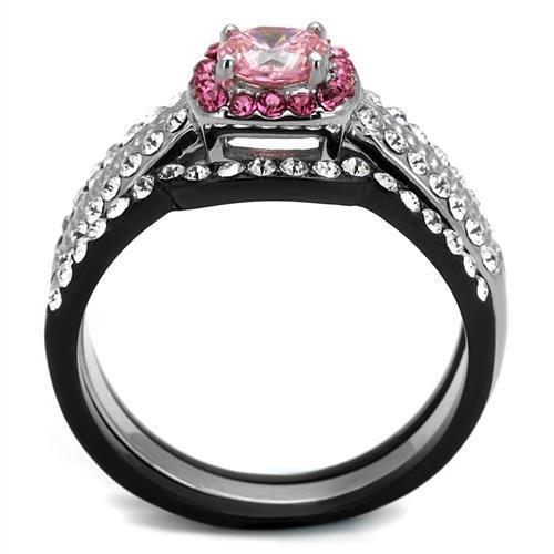 TK2651 Two-Tone IP Black Stainless Steel Ring featuring a light rose AAA grade cubic zirconia center stone, showcasing modern elegance.