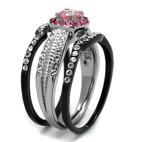 TK2651 Two-Tone IP Black Stainless Steel Ring featuring a light rose AAA grade cubic zirconia center stone, showcasing modern elegance.