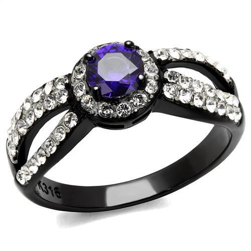 TK2653 Two-Tone IP Black Stainless Steel Ring featuring a AAA Grade CZ stone in tanzanite color, showcasing a modern and elegant design.