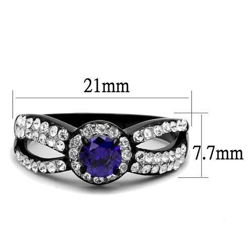 TK2653 Two-Tone IP Black Stainless Steel Ring featuring a AAA Grade CZ stone in tanzanite color, showcasing a modern and elegant design.