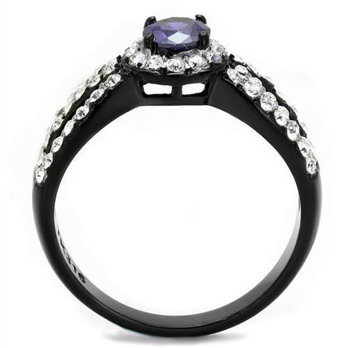 TK2653 Two-Tone IP Black Stainless Steel Ring featuring a AAA Grade CZ stone in tanzanite color, showcasing a modern and elegant design.