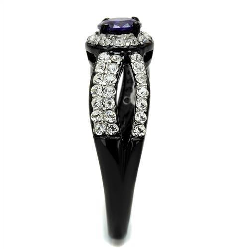 TK2653 Two-Tone IP Black Stainless Steel Ring featuring a AAA Grade CZ stone in tanzanite color, showcasing a modern and elegant design.