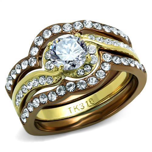 TK2669 ring featuring IP Gold and IP Light Brown stainless steel with a clear AAA Grade CZ center stone, elegantly designed for any occasion.