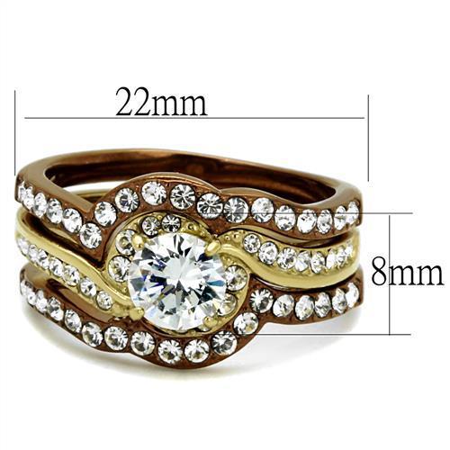 TK2669 ring featuring IP Gold and IP Light Brown stainless steel with a clear AAA Grade CZ center stone, elegantly designed for any occasion.