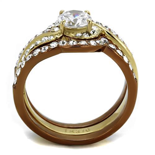 TK2669 ring featuring IP Gold and IP Light Brown stainless steel with a clear AAA Grade CZ center stone, elegantly designed for any occasion.