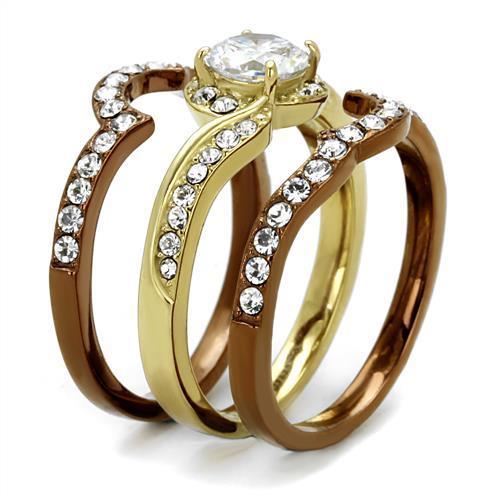 TK2669 ring featuring IP Gold and IP Light Brown stainless steel with a clear AAA Grade CZ center stone, elegantly designed for any occasion.