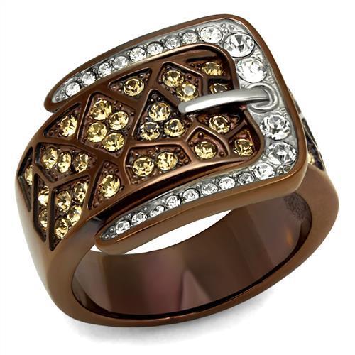 TK2770 Two Tone IP Light Brown Stainless Steel Ring with Citrine Yellow crystal centerpiece, showcasing elegant design and craftsmanship.