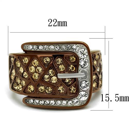 TK2770 Two Tone IP Light Brown Stainless Steel Ring with Citrine Yellow crystal centerpiece, showcasing elegant design and craftsmanship.