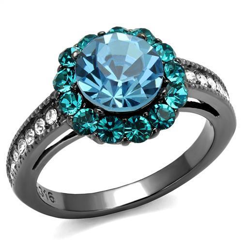 TK2716 IP Light Black Stainless Steel Ring featuring a top-grade sea blue crystal, showcasing a modern and elegant design.