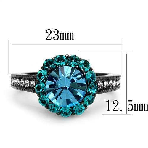 TK2716 IP Light Black Stainless Steel Ring featuring a top-grade sea blue crystal, showcasing a modern and elegant design.