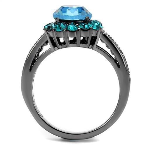 TK2716 IP Light Black Stainless Steel Ring featuring a top-grade sea blue crystal, showcasing a modern and elegant design.