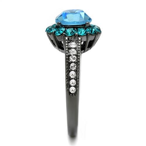 TK2716 IP Light Black Stainless Steel Ring featuring a top-grade sea blue crystal, showcasing a modern and elegant design.