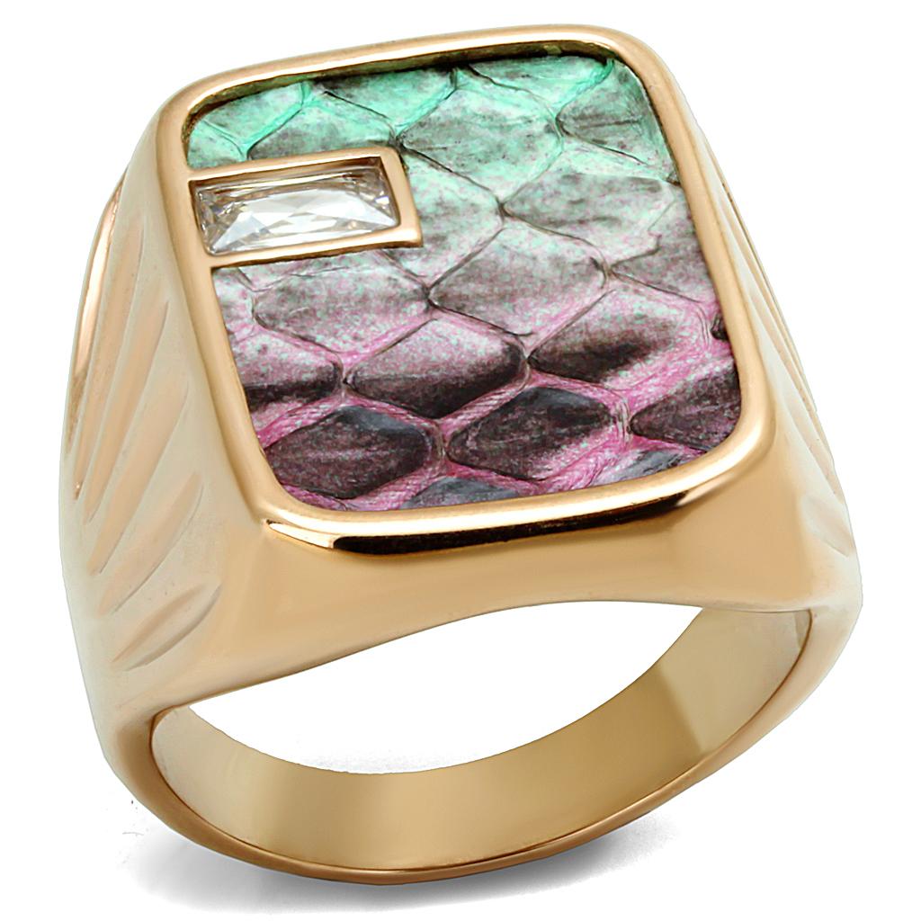 TK2737 IP Rose Gold Stainless Steel Ring featuring a unique leather center stone, showcasing a luxurious and modern design.