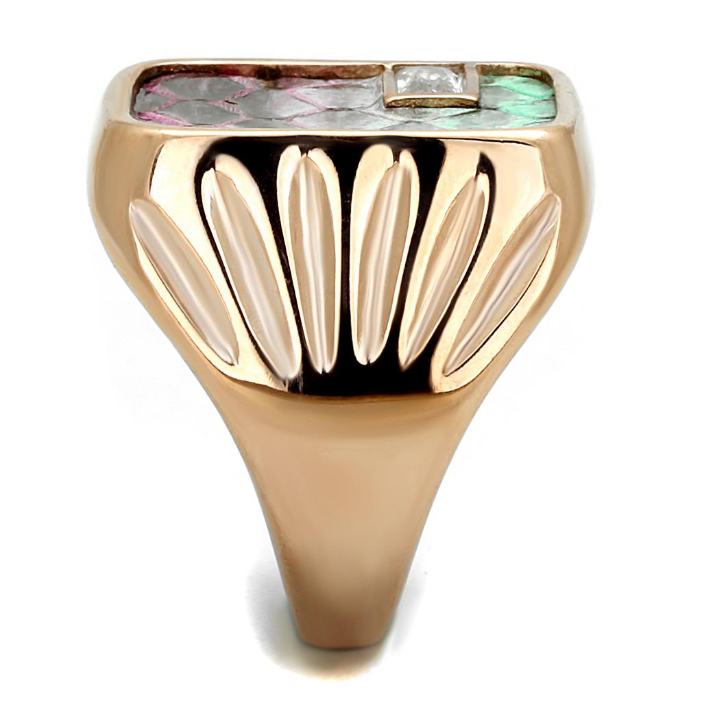 TK2737 IP Rose Gold Stainless Steel Ring featuring a unique leather center stone, showcasing a luxurious and modern design.