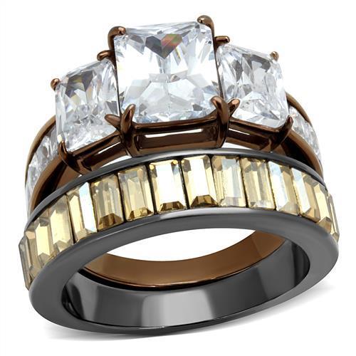 TK2747 IP Light Black and Coffee Stainless Steel Ring featuring a clear AAA Grade CZ stone, showcasing a modern and elegant design.