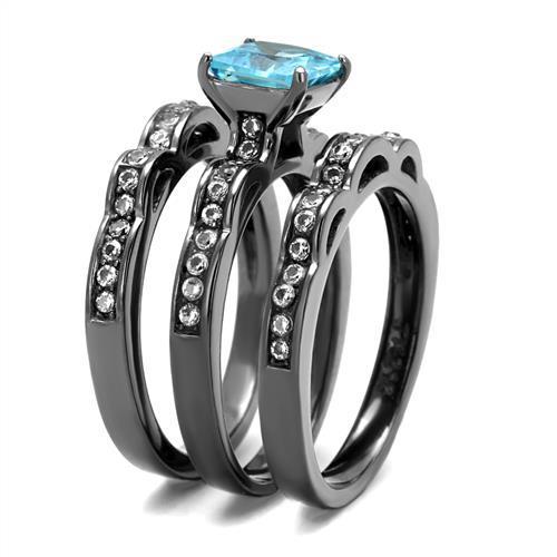 TK2748 IP Light Black Stainless Steel Ring featuring a Sea Blue AAA Grade CZ stone, showcasing a modern and elegant design.