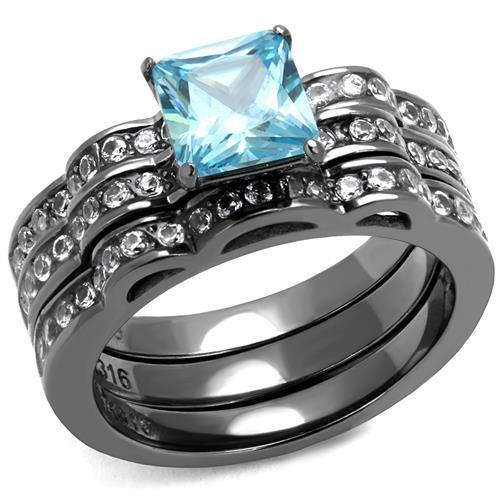 TK2748 IP Light Black Stainless Steel Ring featuring a Sea Blue AAA Grade CZ stone, showcasing a modern and elegant design.