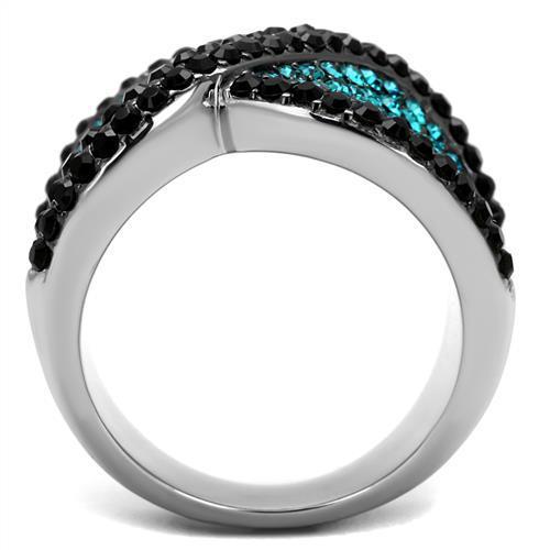 TK2764 Two-Tone IP Black Stainless Steel Ring featuring a blue zircon crystal centerpiece, showcasing modern elegance and durability.