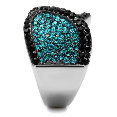 TK2764 Two-Tone IP Black Stainless Steel Ring featuring a blue zircon crystal centerpiece, showcasing modern elegance and durability.