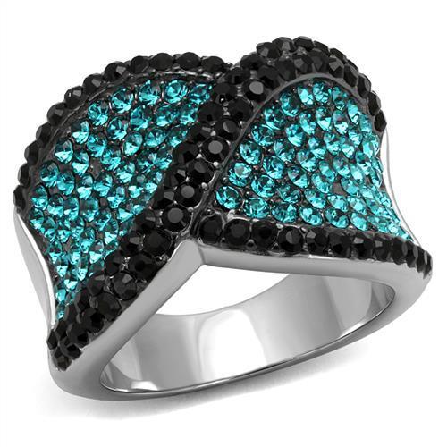 TK2764 Two-Tone IP Black Stainless Steel Ring featuring a blue zircon crystal centerpiece, showcasing modern elegance and durability.