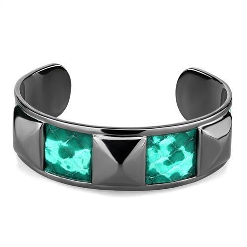 TK2794 IP Light Black Stainless Steel Bangle featuring a leather center stone in emerald color, showcasing a modern and elegant design.