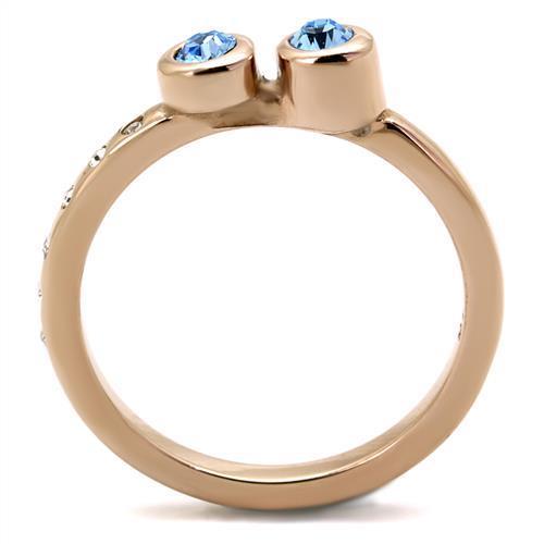 TK2807 IP Rose Gold Stainless Steel Ring featuring a sea blue top grade crystal, showcasing elegance and durability.