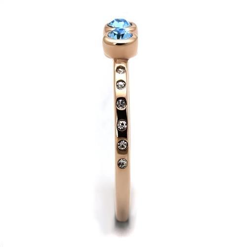 TK2807 IP Rose Gold Stainless Steel Ring featuring a sea blue top grade crystal, showcasing elegance and durability.