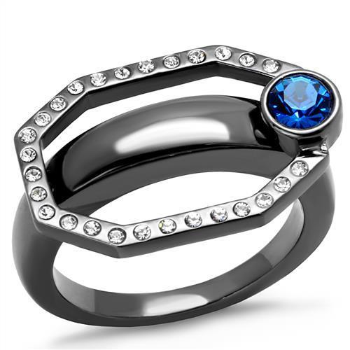 TK2809 IP Light Black Stainless Steel Ring with Capri Blue Top Grade Crystal, showcasing a modern design and elegant finish.