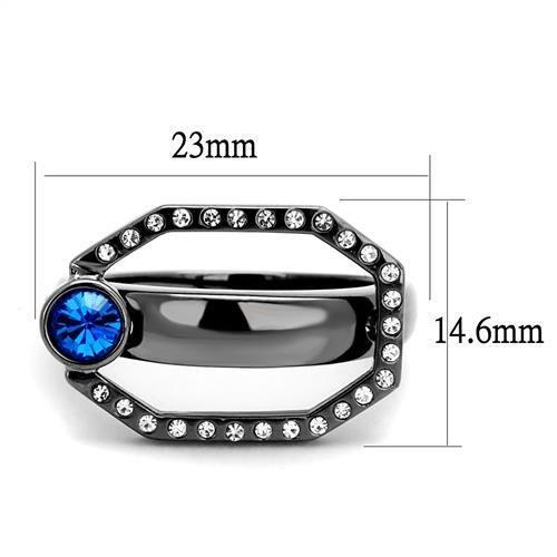 TK2809 IP Light Black Stainless Steel Ring with Capri Blue Top Grade Crystal, showcasing a modern design and elegant finish.